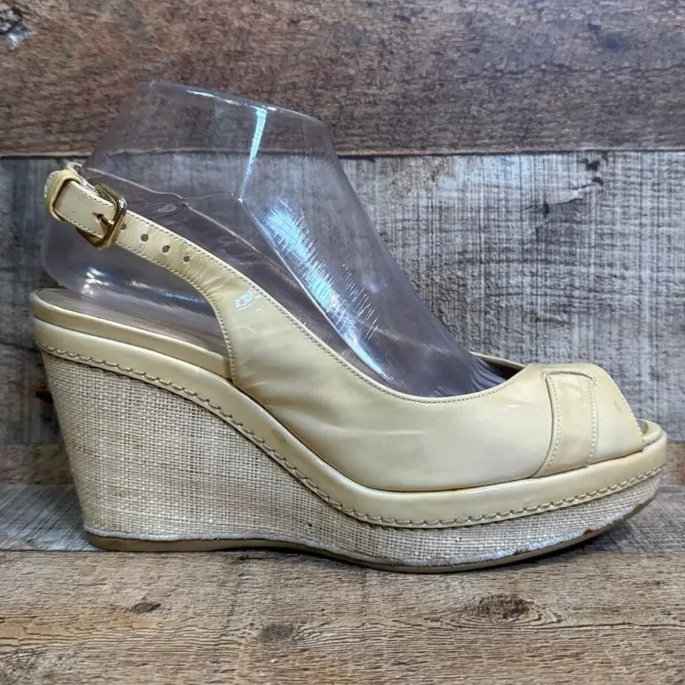Stuart Weitzman Patent Leather Tan Wedge Slingback Heels Peep Toe Size 8 - Picture 8 of 14